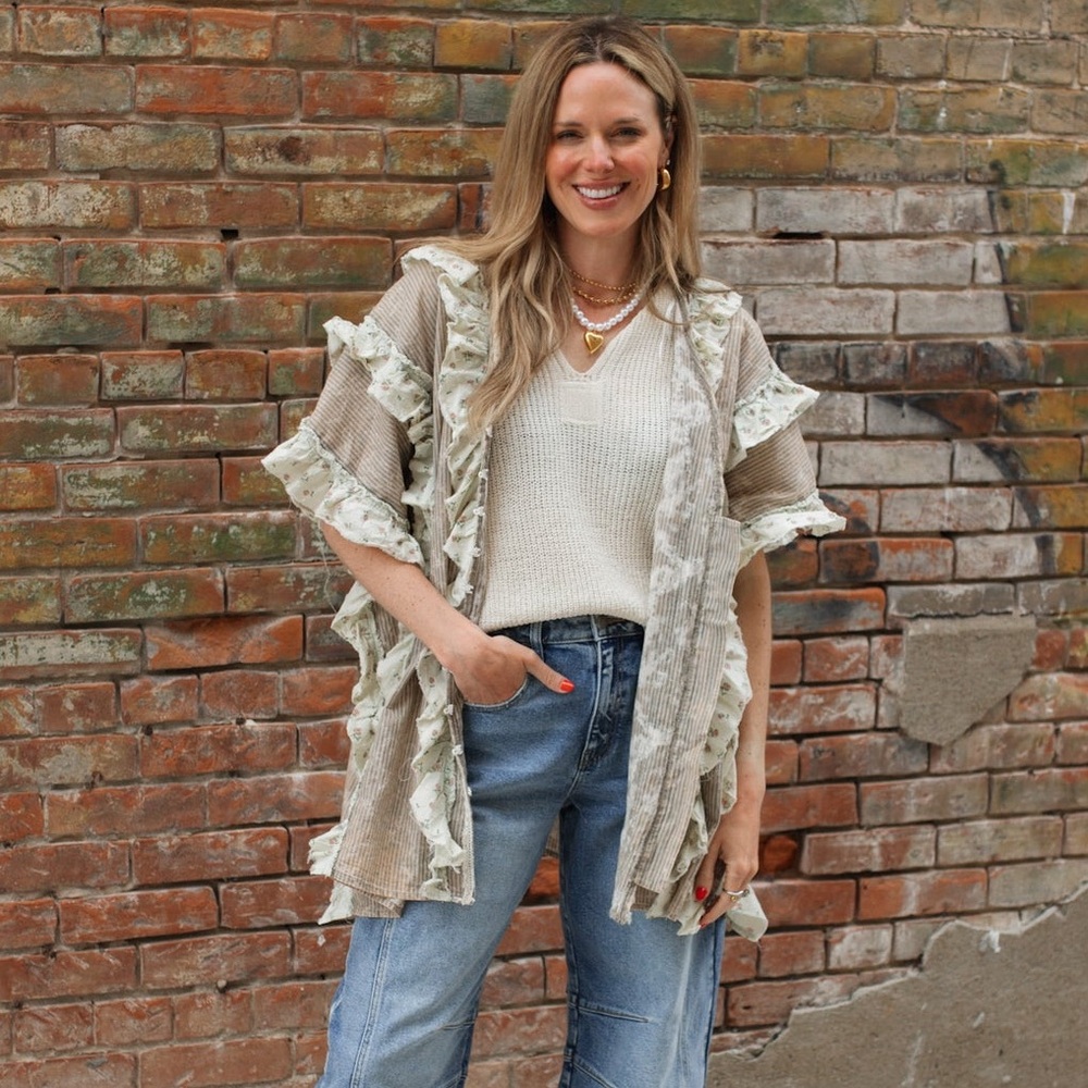 Oli & Hali Ruffle Trim Button Down Stripe & Floral Top - Picture 5 of 8